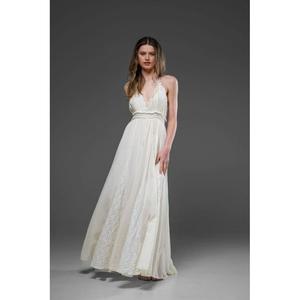 Elegante Vestido Largo de Encaje Blanco para Mujer, Cuello en V Profundo, Estilo Halter, Sin Mangas, Corte en A, Vestido de Fiesta Fluido - Product Image 1