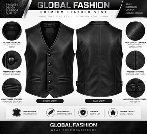<b>Men's</b> <b>Black</b> Leather <b>Vest</b> V-Neck Button Closure Casual Outerwear Plus Size Regular Fit Solid Color - Product Image 1