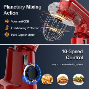 เครื่องผสมอาหารแบบตั้งโต๊ะขนาด 6.5QT 10 สปีด พร้อมหัวตีแบบปรับเอียงได้ หัวตีแป้ง หัวตีไข่ และโถสแตนเลสกันน้ำ - Product Image 5