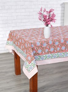 Wedding <b>Tablecloth</b> Salmon Pink Sage Green Delft Blue Indian Hand Block Printed <b>Tablecloth</b> Table Cover Linen Set - Product Image 2