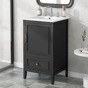 Mobile da Bagno Nero da 20 Pollici con Lavabo, Armadietto a Una Porta, Ripiano Regolabile e Cassetto, Piedini Robusti - Product Image 3