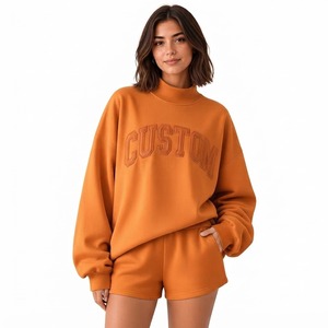 Cozy Custom <b>Women's</b> Mock neck Sweatshirt And Matching Shorts Loose Casual Fit Fashion Two <b>Piece</b> Streetwear <b>Outfit</b> - Product Image 3