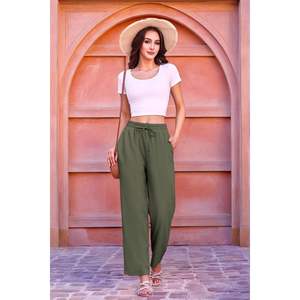 2025 pantalones informales de lino de verano para mujer, Opción Alta y Baja, cordón, pierna recta, playa, vacaciones, salón, bolsillo, transpirable - Product Image 5