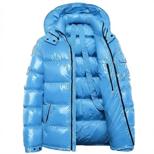 Wholesale Custom Logo Men’s Ice Blue Glossy Hooded Puffer Jacket High Shine Winter <b>Bubble</b> <b>Coat</b> - Product Image 1