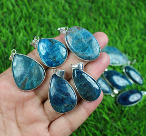 Colgante de Apatita Azul Natural al por Mayor, Lote a Granel de Colgantes en Forma de Lágrima y Ovalados Chapados en Plata de Ley 925 para Fabricación de Joyas - Product Image 4