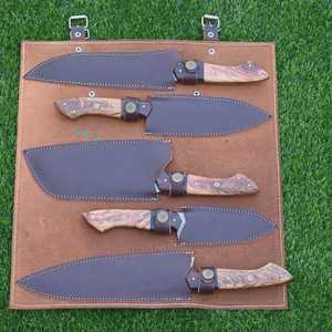 Ensemble de couteaux de chef professionnels en acier au carbone faits à la main, personnalisés, avec manche en os ambidextre, finition polie, étui en cuir pour cuisine - Product Image 5