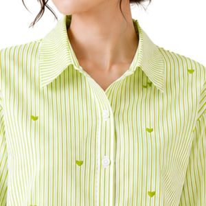 Camisa de Mujer a Rayas Verde Lima y Blanco, Blusa de Algodón de Manga Larga con Botones, Bordado de Corazón, Corte Holgado, Estilo Casual, Talla Grande - Product Image 5