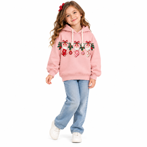 Sweat-shirt à capuche en polaire rose pour filles, motif dessin animé de Noël, décontracté, avec nœud, pour enfants, hiver, fêtes, OEM ODM, vente en gros - Product Image 1