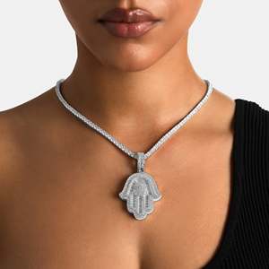 Collier pendentif main Hamsa en argent 925 et moissanite, plaqué rhodium, chaîne maille forçat, bijoux de tous les jours pour femme - Product Image 1