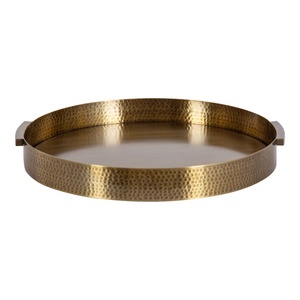 Luxury <b>Round</b> Hammered Gold Metal Serving Tray with Ring Handles Antique Brass Decorative Platter for <b>Coffee</b> <b>Table</b> Ottoman & Bars - Product Image 4