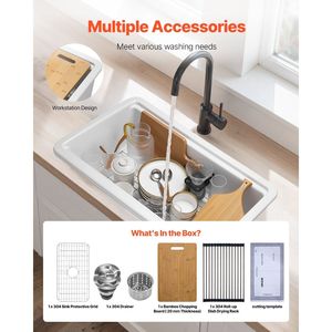 Lavello da cucina bianco stile rustico 33x19 pollici in argilla refrattaria, da incasso o a scomparsa, a vasca singola, con diverse opzioni di postazioni di lavoro - Product Image 4