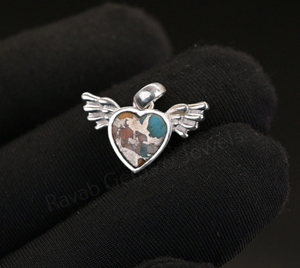 Colgante de alas de ángel de plata 925 con turquesa y ostra espinosa en forma de corazón de 8 mm, con engaste de bisel, dije romántico unisex - Product Image 4