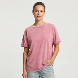 เสื้อยืดโอเวอร์ไซส์สีสโตนวอชผ้าฝ้ายสำหรับผู้หญิง ไซส์พลัส คอกลม สวมใส่สบาย แขนสั้น ทรงหลวม เสื้อยืดสโตนวอช - Product Image 1
