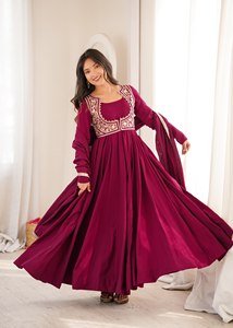 Women Rayon Embroidered Anarkali Suit Dupatta Set Maroon Floral Border Party <b>Wedding</b> Outfit For Women Wear - Product Image 3