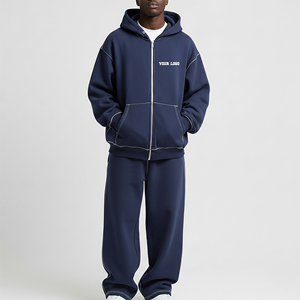 Premium Heavyweight Oversized Full Zip Hoodie <b>Tracksuit</b> Set Custom Logo Navy Blue Fleece Streetwear Sweat Suit For Men - Product Image 4