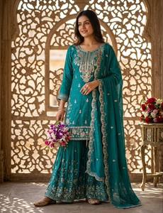 Emerald Green Chiffon Salwar Kameez With Embroidered Dupatta Traditional Women's <b>Wedding</b> Wear India Pakistan - Product Image 1