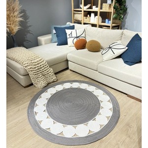 Alfombra Redonda de Yute con Patrón Geométrico, Tejido Plano Antideslizante, Estilo Escandinavo, para Sala de Estar, Uso Doméstico, Gris Blanco - Product Image 4