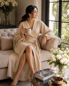 Robe longue d'été en lin bohème faite à la main, unie, col en V, manches lanternes, avec un élégant design drapé dos nu, idéale pour les vacances à la plage - Product Image 4