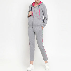 Ensemble de survêtement gris à capuche pour femme, manches longues, couleur unie, tenue décontractée avec bordure rose, fermeture éclair sur le devant, poches latérales, style automne - Product Image 6