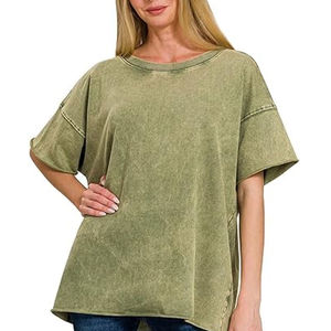 T-shirt délavé à l'acide pour femme grande taille, style personnalisé, décontracté, uni, à manches courtes, 100 % coton, en vente - Product Image 3