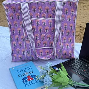 Sac fourre-tout matelassé en coton imprimé à la main indien, motif floral vintage écologique, pour usage quotidien, lavable, pour les courses - Product Image 2