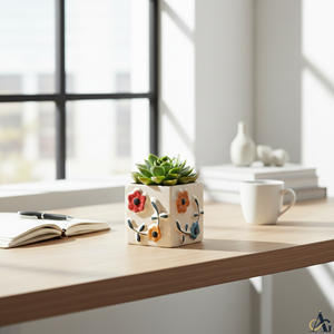 Pot de fleurs carré en céramique verni brillant peint à la main avec trou de drainage, écologique, 12 cm, pour intérieur/extérieur, décoration de jardin - Product Image 1