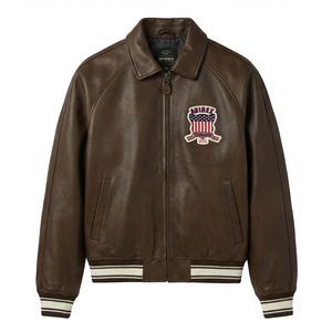 Chaqueta Bomber Estilo Avirex Vintage Marrón de Cuero Genuino y Lona Recubierta con Parches Bordados para Invierno y Uso Urbano - Product Image 1