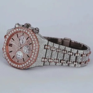 Montre chronographe de luxe style offshore avec diamants Moissanite VVS clairs, accents en or rose bicolore, boîtier en acier inoxydable, mouvement mécanique - Product Image 3