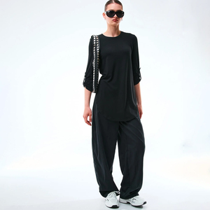 Women's Longline T Shirt 3/4 <b>Sleeve</b> <b>Tunic</b> <b>Top</b> Curved Hem Round Neck Casual Relaxed Fit Custom OEM Wholesale Fashion Apparel - Product Image 1