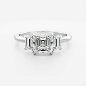 14K Solid Gold Emerald & Baguette Cut Lab Grown Diamond Three <b>Stone</b> Engagement Ring IGI Certified Unisex Luxury Trilogy Ring - Product Image 4