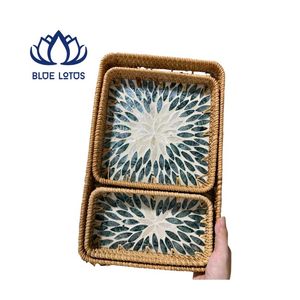 Plateau en mosaïque de rotin écologique fait main, panier de service rond décoratif en osier – Meilleures ventes - Product Image 1
