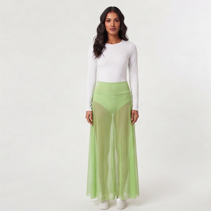 Falda de malla transparente de cintura alta para mujer, hasta la rodilla, color amarillo liso, sexy, transparente, estilo veraniego - Product Image 6