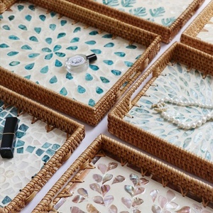 Boho Style Manufacturer square Rattan Mother of Pearl Inlay Tray, Woven Tray with <b>Handle</b> Tray for Coffee Tea - Product Image 3