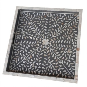 Plateau de service rond artisanal en nacre avec motif floral, plateau décoratif de luxe pour table basse ou ottoman, pour la maison - Product Image 6