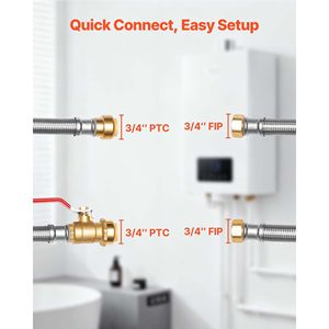 Valvola a sfera 3/4'' FIP x 3/4'' PTC in acciaio inossidabile, kit connettore per scaldabagno con valvola a innesto rapido, tubi flessibili per impianti idraulici - Product Image 3