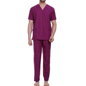 Ensemble de blouses médicales pour hommes, couleur violette, col en V, avec poches, tissu tissé en coton et polyester, uniformes d'hôpital - Product Image 1