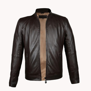 Blouson moto homme en cuir véritable marron foncé, coupe ajustée, fermeture éclair, col montant, vêtement d'extérieur pour l'automne - Product Image 1