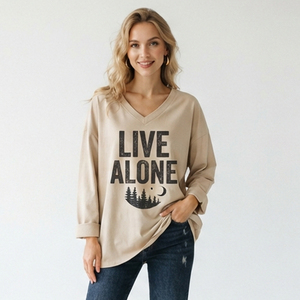 Nouvel Arrivage 2026 T-shirt Femme Oversize à Manches Longues, Col en V, 100% Coton, Coupe Ample, Imprimé Personnalisé - Product Image 1