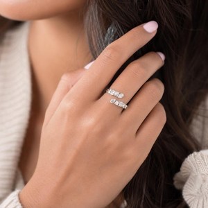 Wonderful DEF Color VS VVS Clarity Pear Round & Emerald Lab Diamond 10K 14K 18K Solid Gold <b>Open</b> Style Adjustable Stackable <b>Ring</b> - Product Image 4