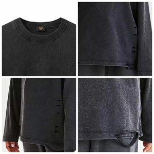 T-shirts personnalisés en coton 100% à manches longues, couleur unie, effet délavé et déchiré, pour enfants garçons - Product Image 2