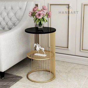 Luxury Gold Metal Round Side Table with <b>Black</b> Marble Top and Lower Display <b>Shelf</b> for Living Room Bedroom Hotel Furniture - Product Image 2