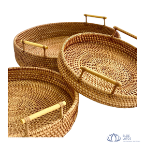 Premium Modern <b>Foldable</b> Round Rattan Woven Food Grade Tray for Elegant Bathroom and <b>Desk</b> Display Easy Serving Food Storage - Product Image 1