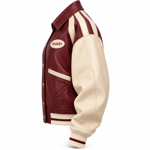 Blouson Bomber Vintage en Cuir de Mouton Véritable pour Femme, Col Relevé, Manches Contrastantes Crème et Bordeaux, Patch Ovale, Style Baseball - Product Image 4