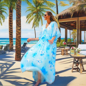 ชุดเดรสคาฟทันสีฟ้าคอรัลลายมัดย้อม ระบายอากาศได้ดี ทรงหลวม ไซส์ XS สำหรับใส่พักผ่อน - Product Image 1