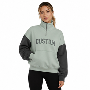 Heavyweight Fleece Color <b>Block</b> Quarter Zip Pullover Private Label Custom Embroidery Stand Collar Sweatshirts Women's Hoodies OEM - Product Image 5