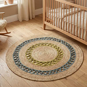 Tapis rond en jute tressé multicolore avec motif en spirale au crochet pour la décoration bohème de la maison - Product Image 2