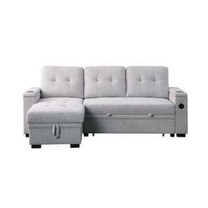Divano Sezionale Reversibile Ashlyn II 84'' L in Tessuto Grigio Intrecciato con Chaise Longue, Portabicchieri e Porte di Ricarica - Product Image 5