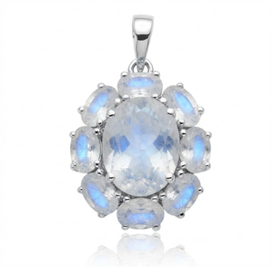 จี้รูปดอกไม้มูนสโตนหินธรรมชาติสำหรับผู้หญิงจาก Rhaya Jewels เงินสเตอร์ลิงชุบโรเดียม ดีไซน์คลาสสิกแบบมินิมอล ตัวเรือนแบบกรงเล็บ - Product Image 1
