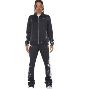 Pantalon de survêtement évasé personnalisé pour hommes, ensemble de survêtements empilés en noir avec bandes blanches, survêtements deux pièces grande taille - Product Image 1