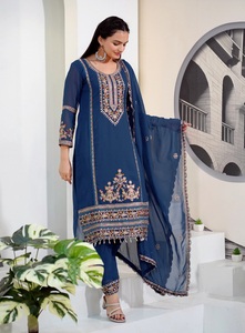 Faux Georgette Embroidered <b>Kurti</b> Pant Set with Dupatta Traditional Sequence Work Three Piece Salwar Suit for Women - Product Image 3